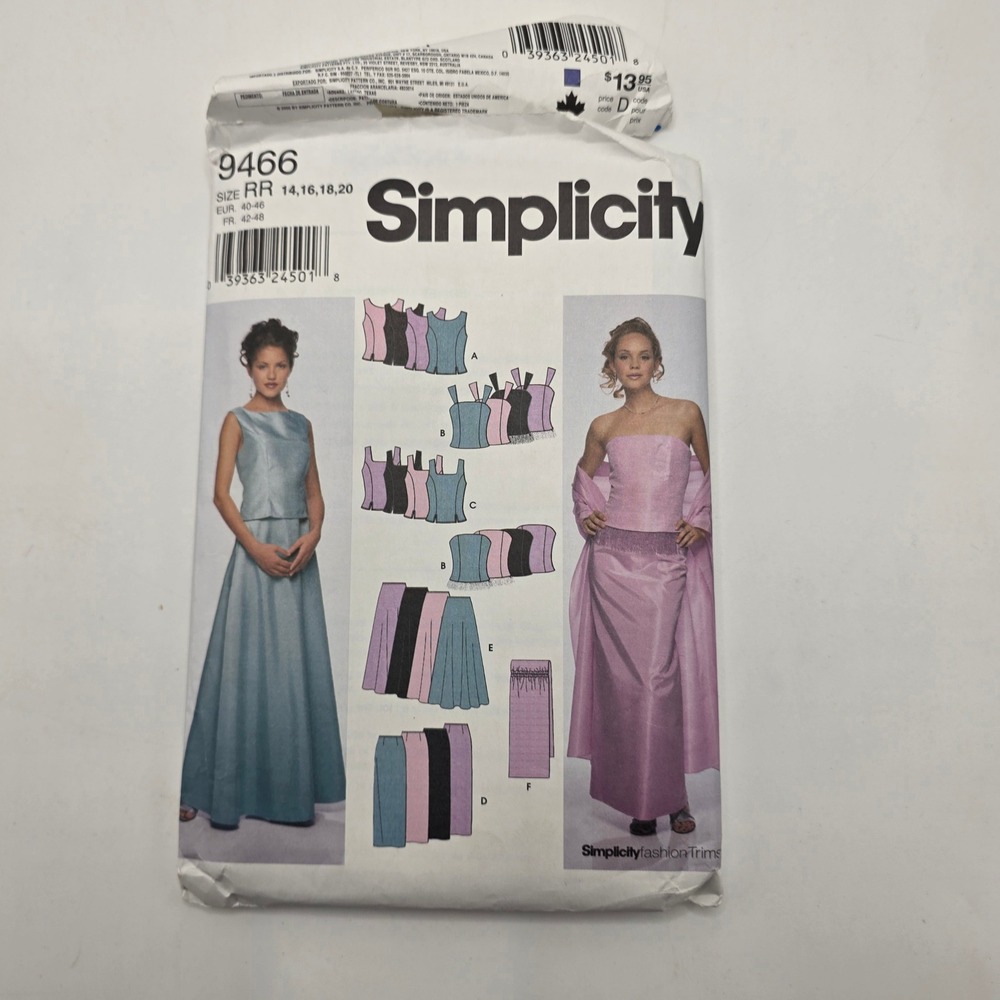 Simplicity 9466 Sewing Pattern Misses Tops Skirt Wrap‎ Formal Evening Size 14-20